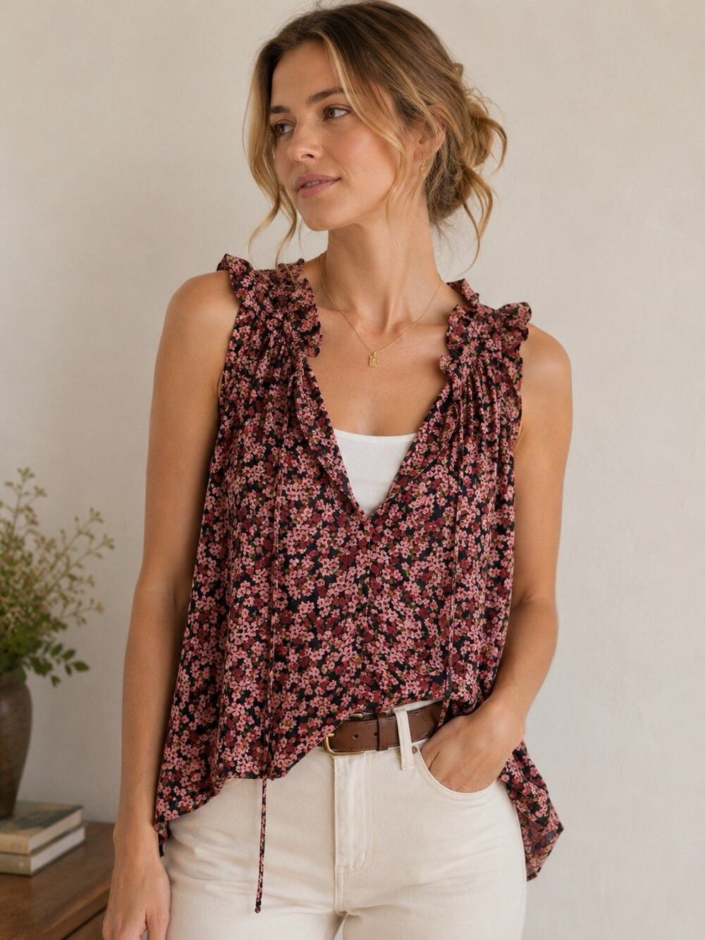 CeCe Womens Top Medium Floral Ruffle Tie Neck Boho Peasant Cottagecore Romantic